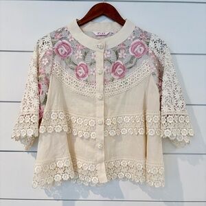 Vintage Lace Floral Blouse Fairycore Romantic Sheer Pink Roses S Coquette